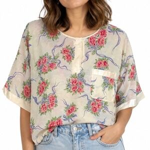 Vintage JO Intimates Floral Damask Pajama Top Medium Pink Rose Blue Ribbon Cream